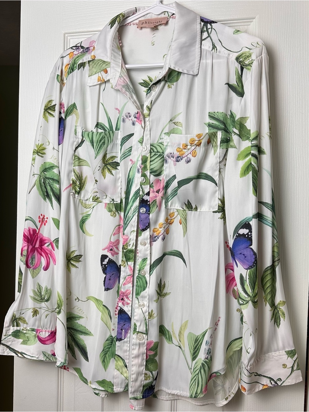 Philosophy White Floral & Butterfly Print Button-Up Blouse